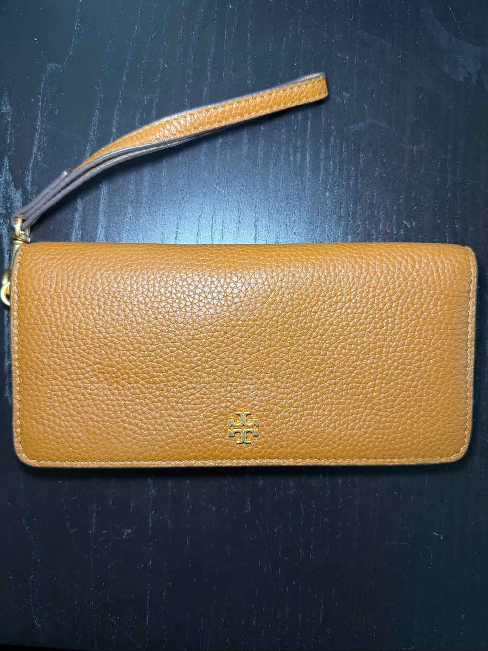 Tory Burch Blake Slim Cortado Brown pink Leather Wallet Card Gold Logo Wristlet